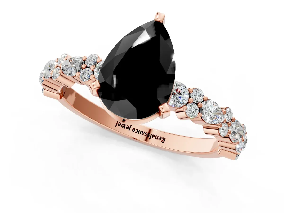 Fancy Black Pear Cut Diamond Side Stone Solitaire Ring with Round and Four-Prong Setting Rose gold