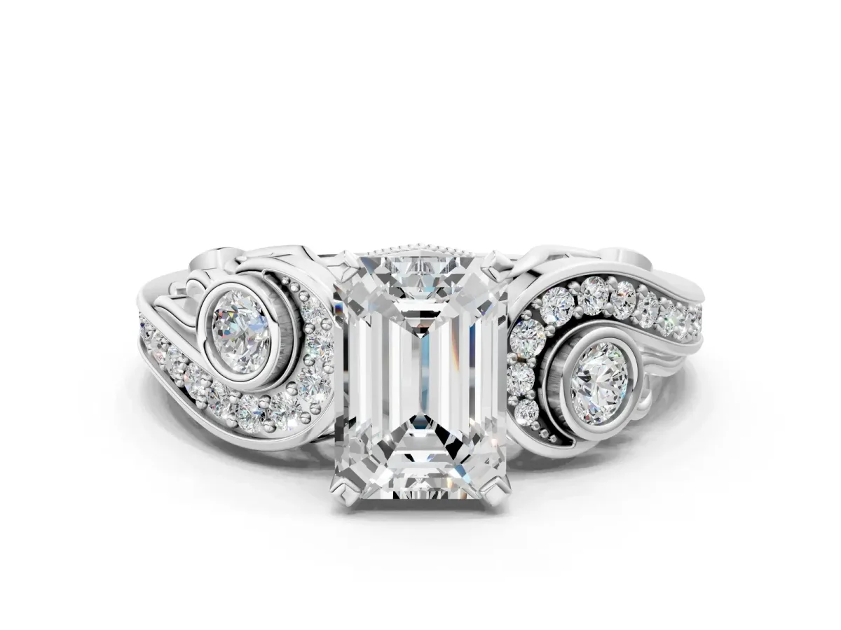 Emerald Cut Diamond Solitaire Ring with Milgrain Pavé Band and Four-Prong Setting Silver