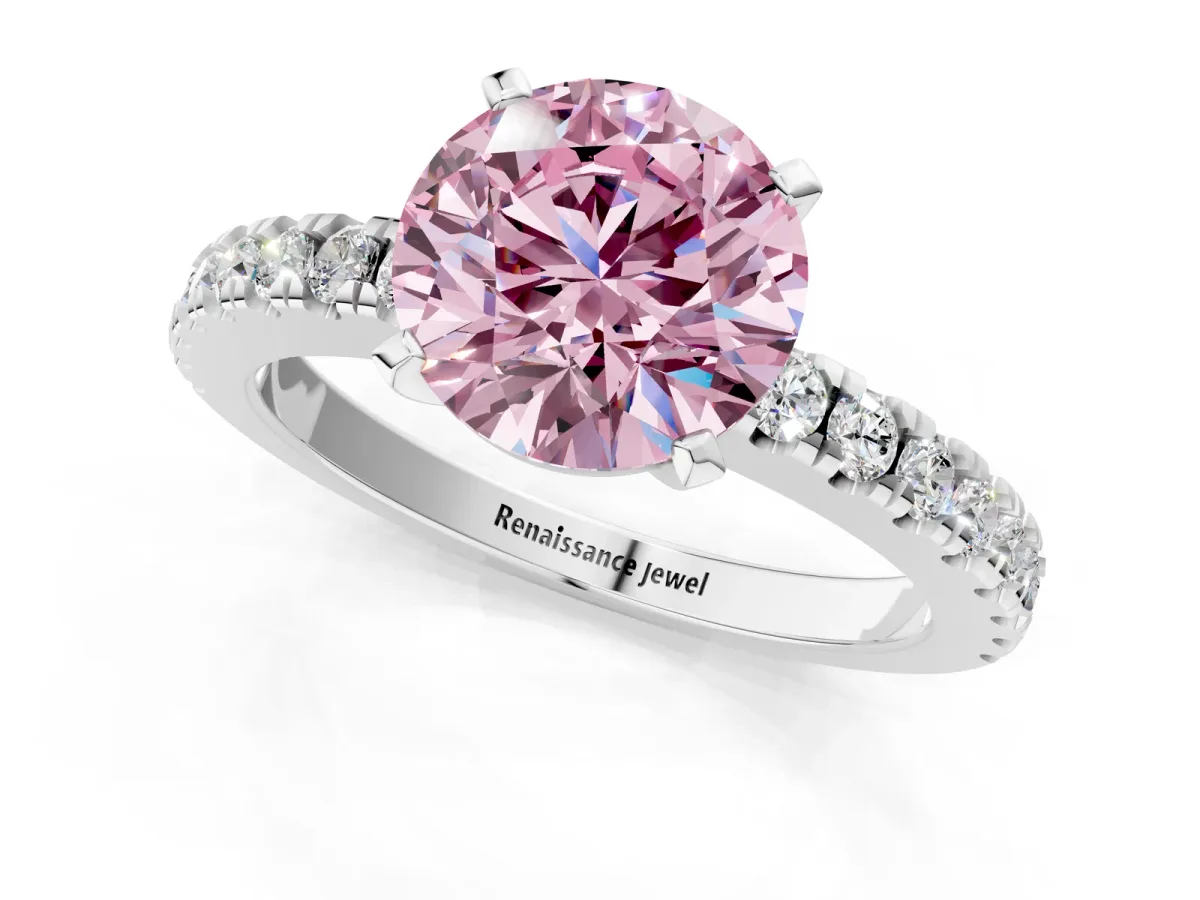 Fancy Pink Round Cut Solitaire Diamond with Pavé Band and Four-Prong Setting Silver