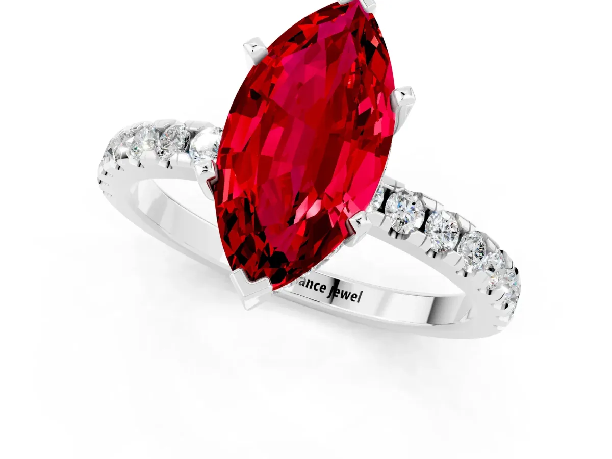 Marquise Cut Ruby Solitaire Ring with Round Pavé Band and Four-Prong Setting Silver