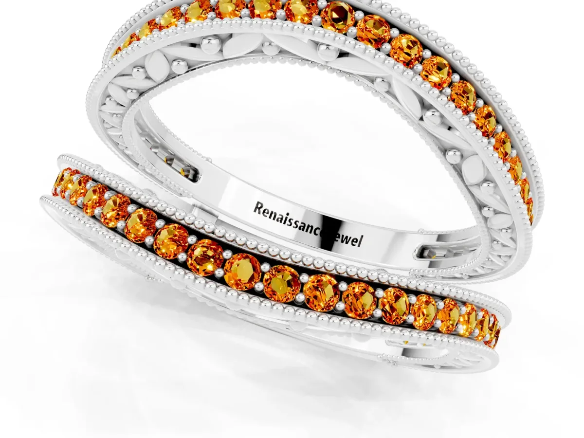 Round Citrine Milgrain Eternity Band with Channel Setting White gold