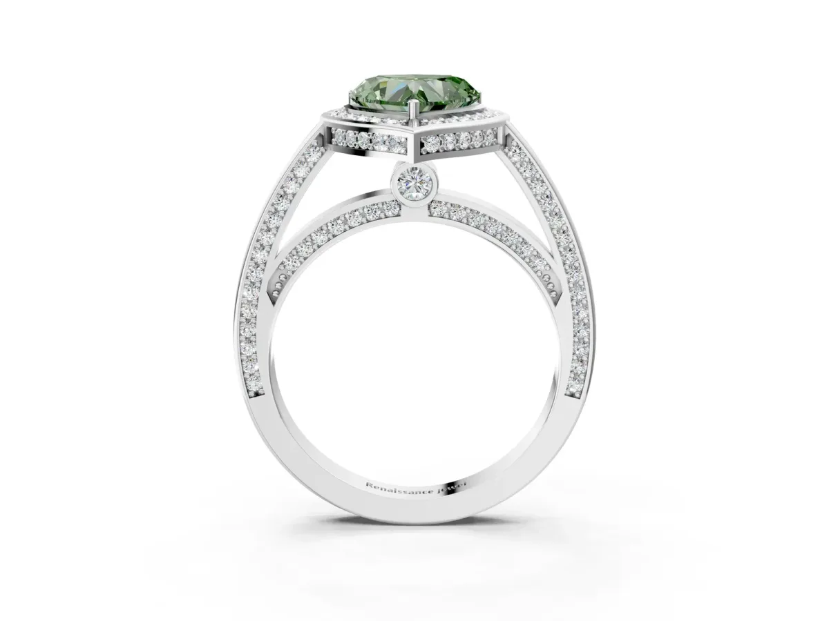 Fancy Green Heart Cut Cut Halo Pave Split Shank Prong Setting Ring Platinum