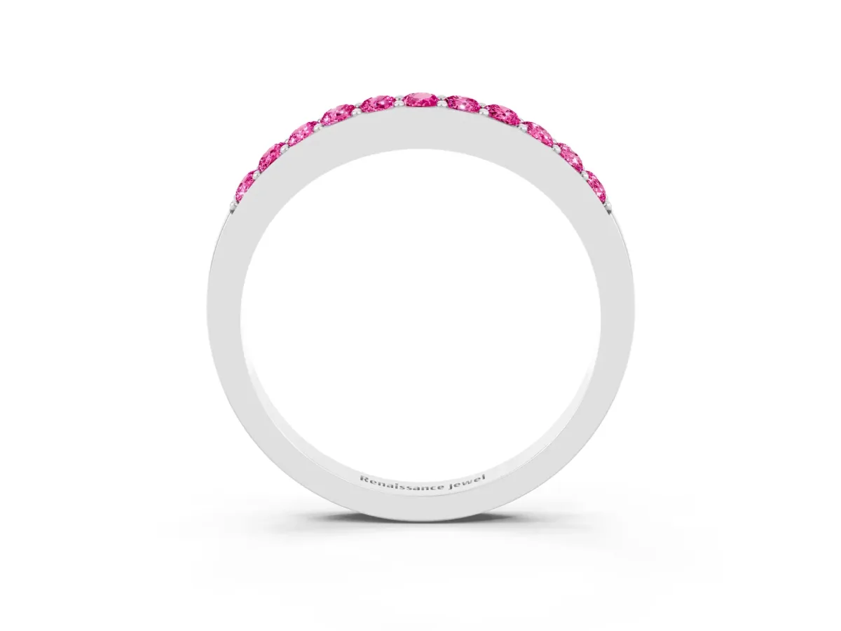 Round Pink Sapphire Curved Wedding Band with Channel Setting White gold