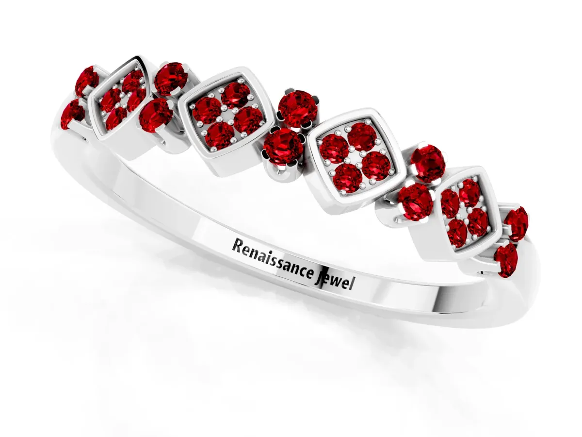 Pavé Cushion Ruby Cluster Eternity Band with Prong Setting Silver