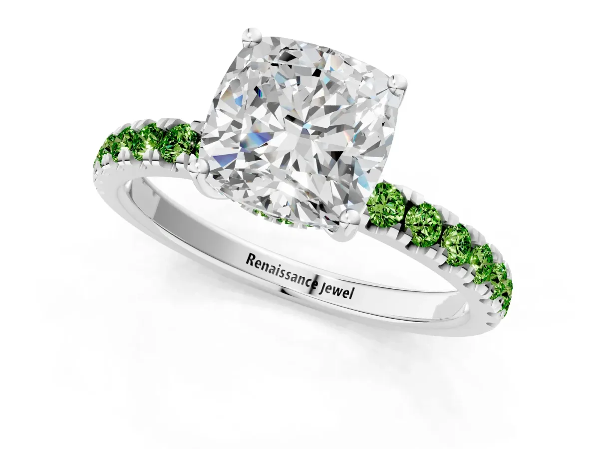 Cushion Cut Diamond Pave Band Solitaire Ring with Round Peridot and Prong Setting Silver