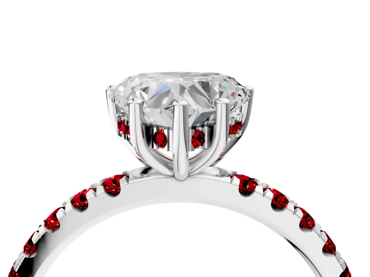 Heart Cut Diamond Pave Band Solitaire Ring with Round Ruby and Prong Setting Platinum
