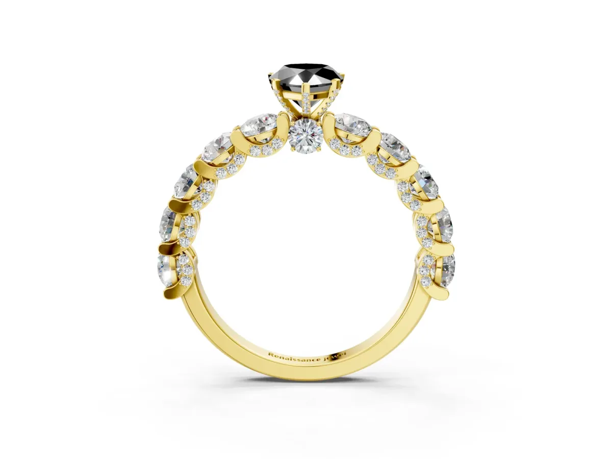 Fancy Black Pear Cut Diamond Side Stone Engagement Ring with Four-Prong Setting Yellow gold