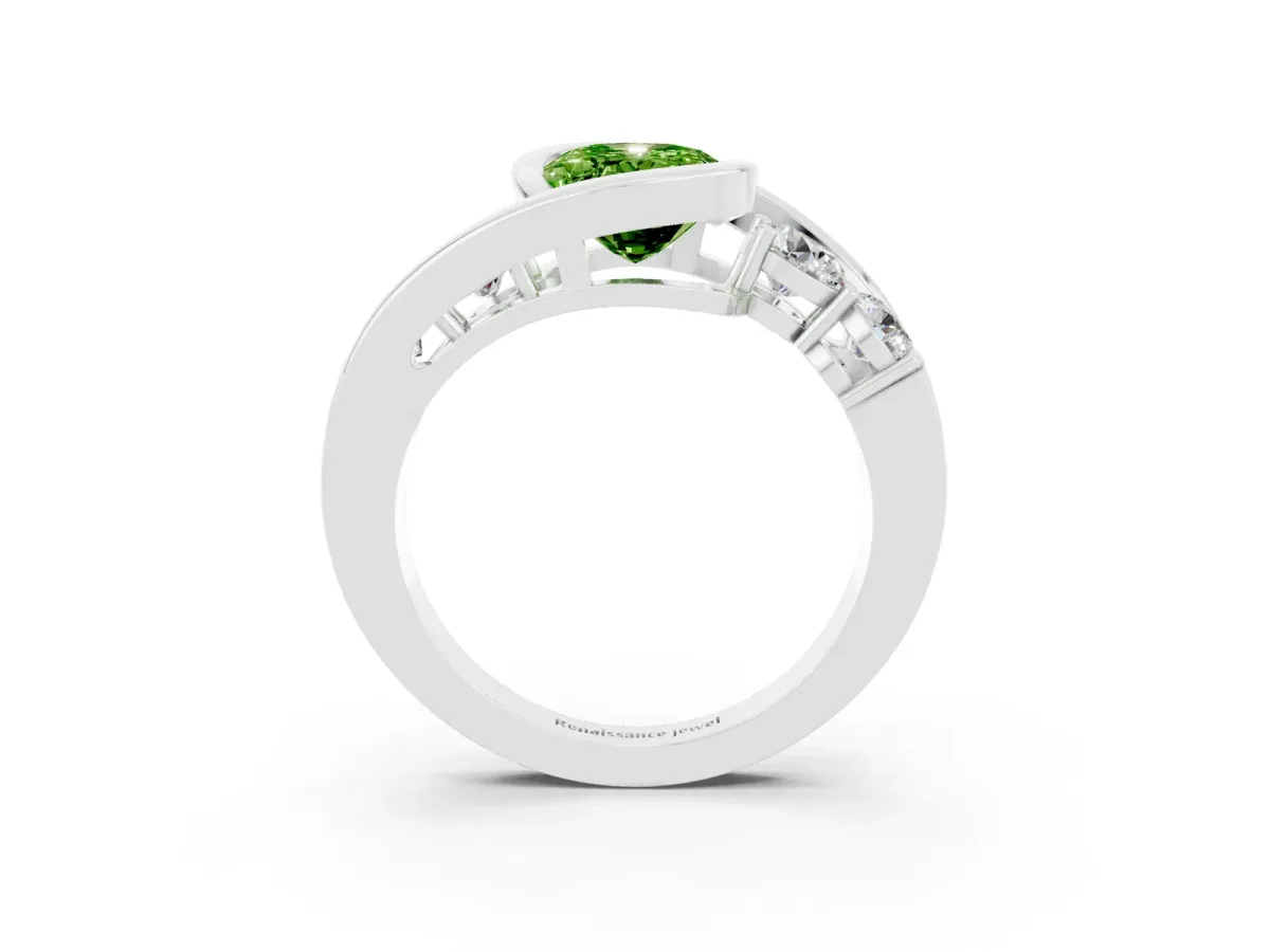 Bezel Set Oval Cut Peridot Bypass Ring with Round Accents Platinum