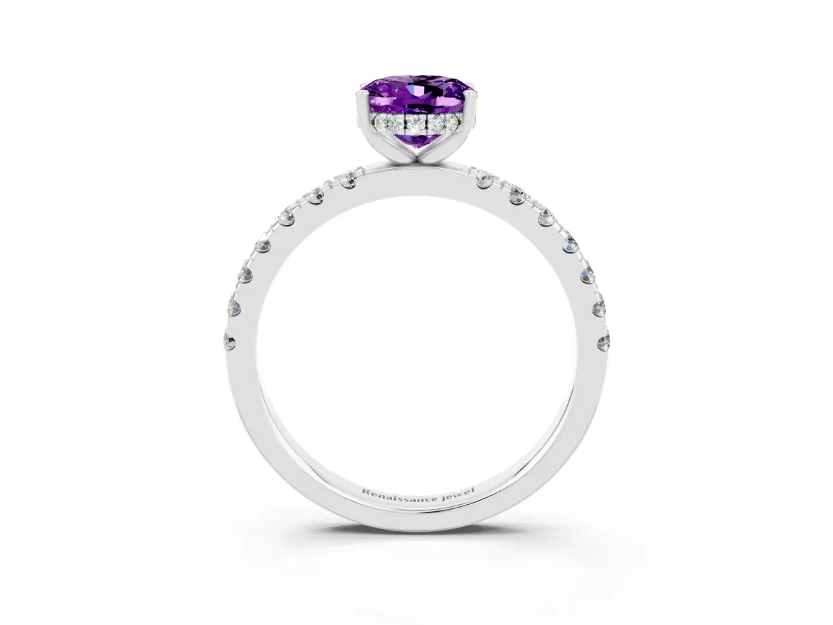 Oval Cut Amethyst Pave Band Solitaire Ring with Round and Prong Setting Platinum