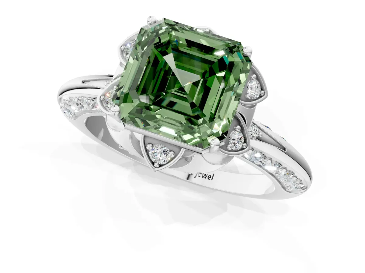 Fancy Green Asscher Cut Halo Split Shank Pave Diamond Ring with Petal Prong Setting Silver