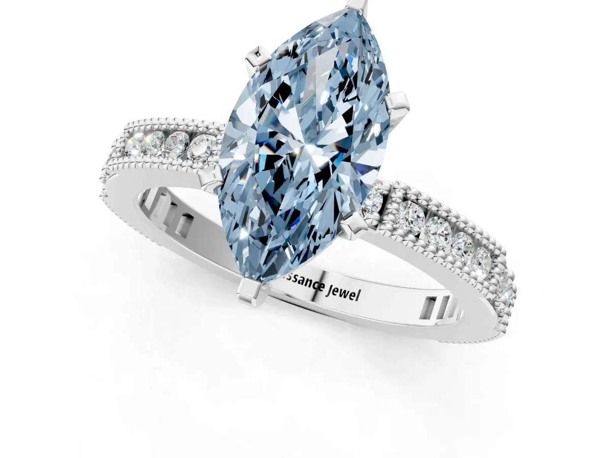 Fancy Blue Marquise Cut Solitaire with Pavé Band and Four-Prong Setting Silver