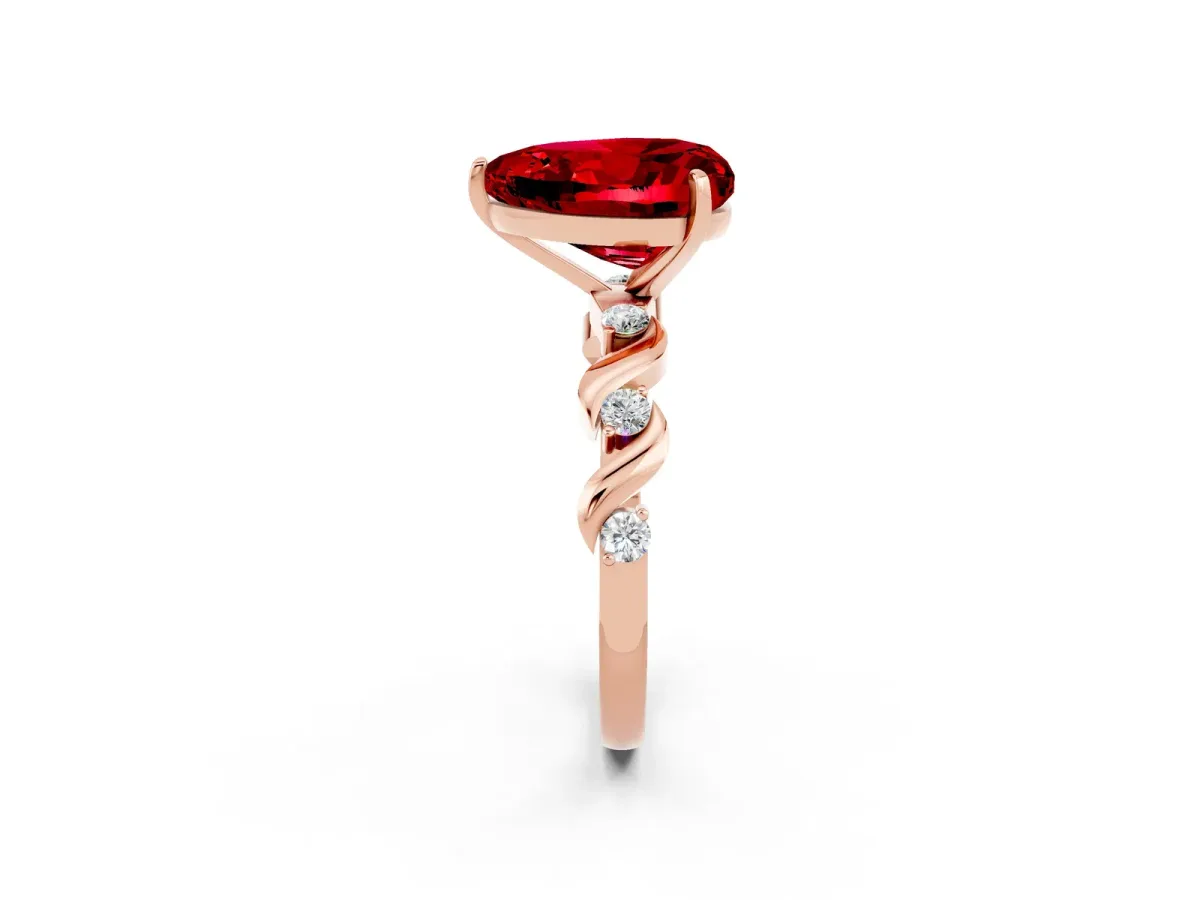 Heart Cut Ruby Solitaire Twisted Band with Round Accents and Prong Setting Rose gold