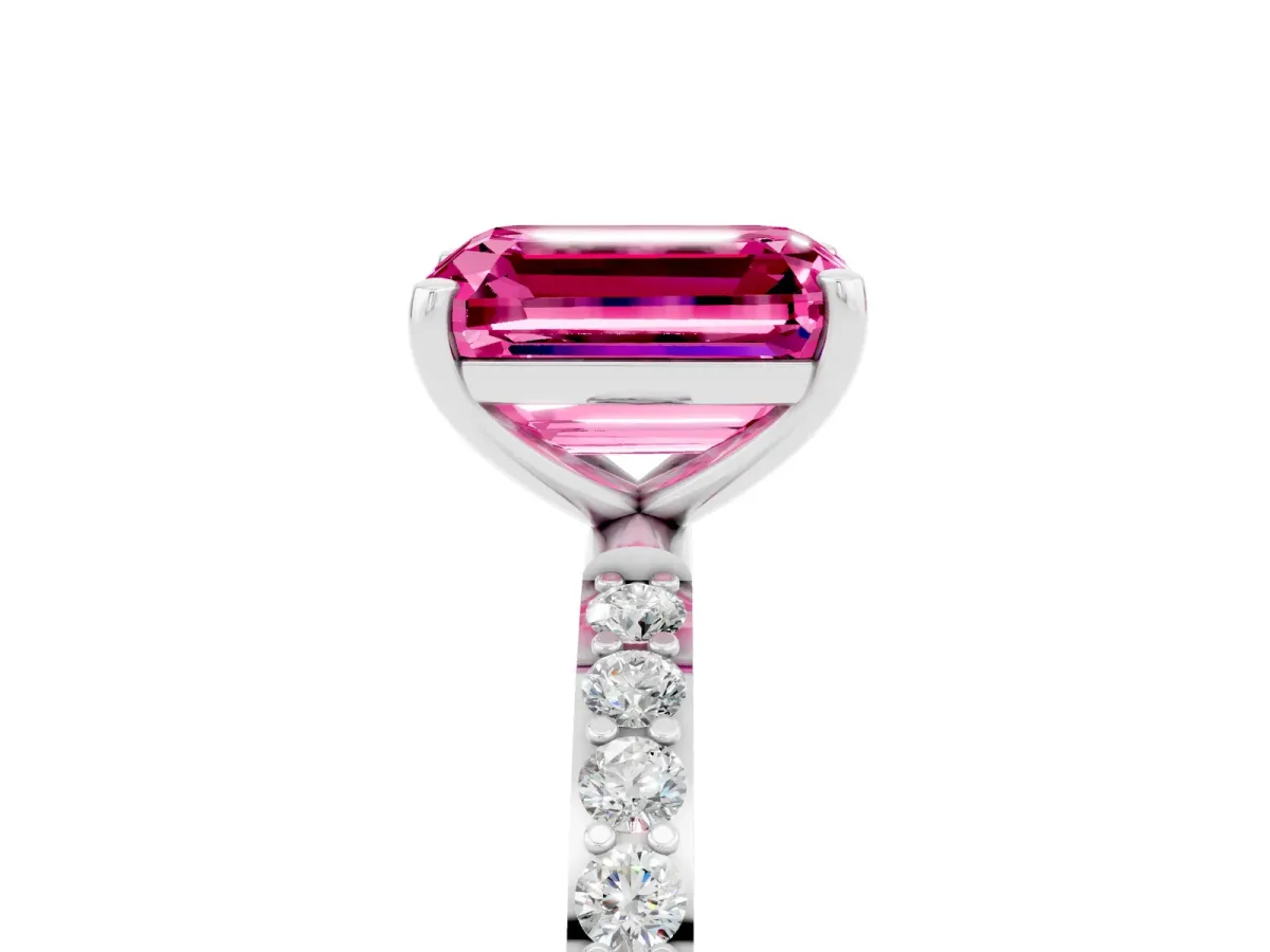 Emerald Cut Pink Sapphire Solitaire Ring with Round Pavé Shoulders and Prong Setting Silver