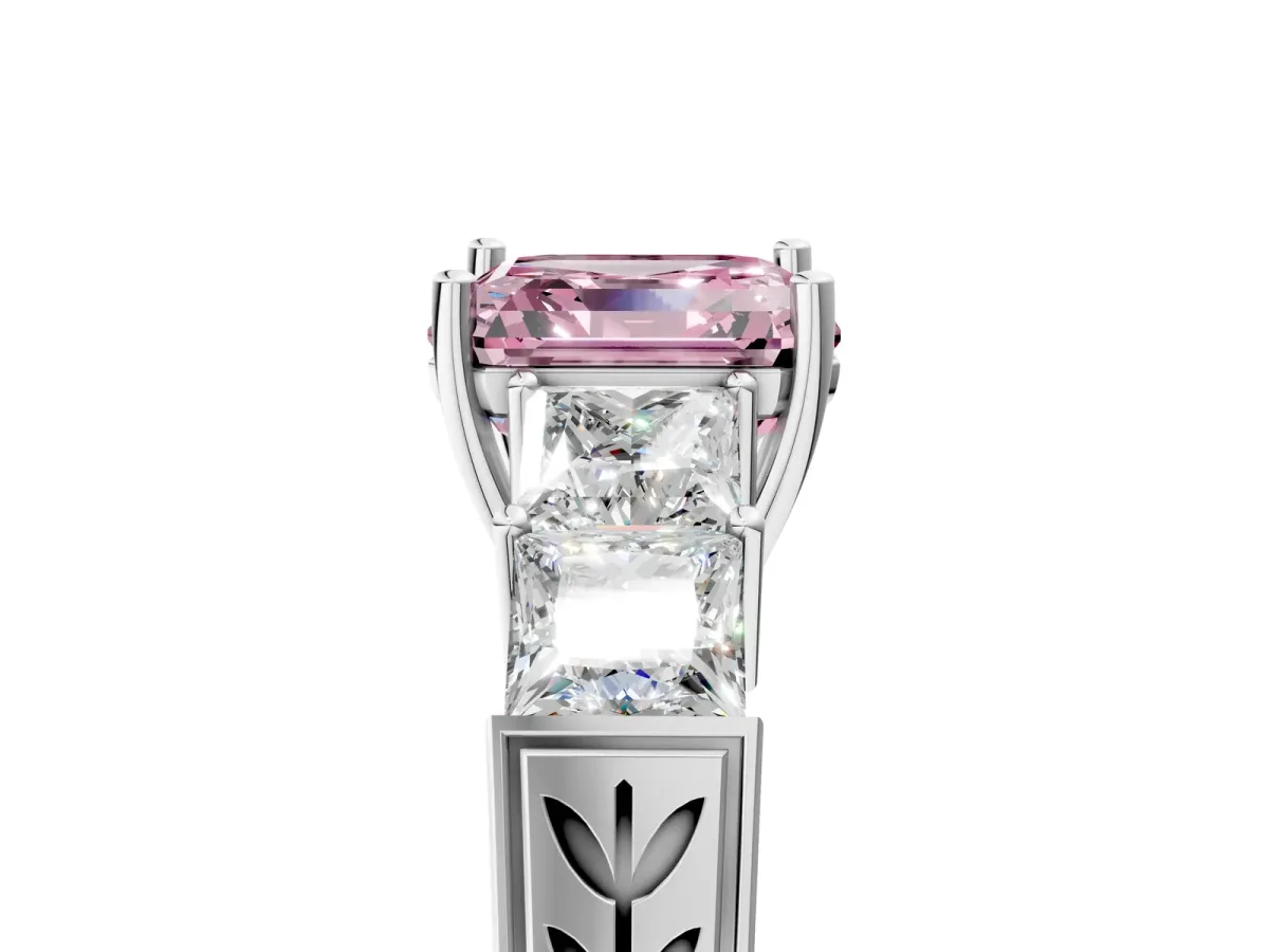 Fancy Pink Asscher Cut Solitaire Princess Side Stone Engraved Band Prong Setting Ring Silver