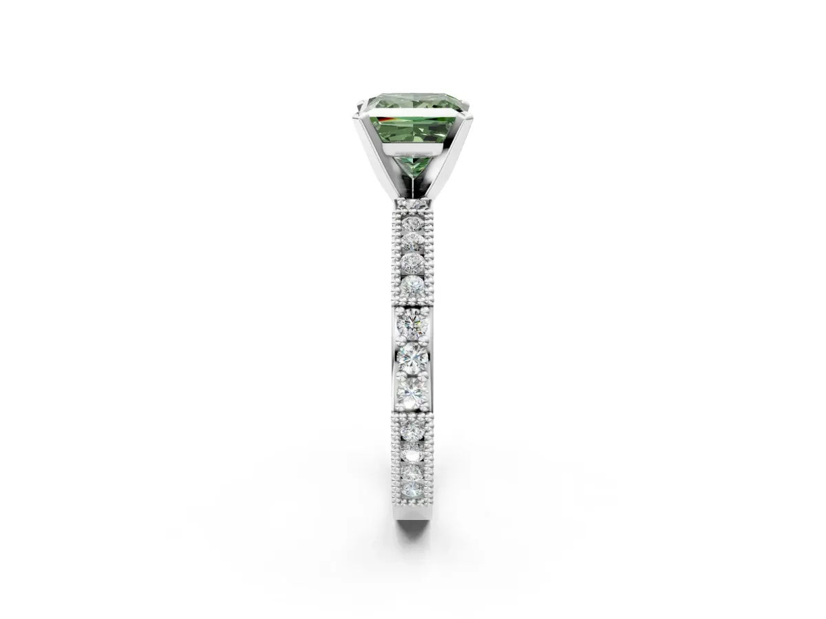 Fancy Green Princess Cut Solitaire with Pavé Band and Four-Prong Setting Silver
