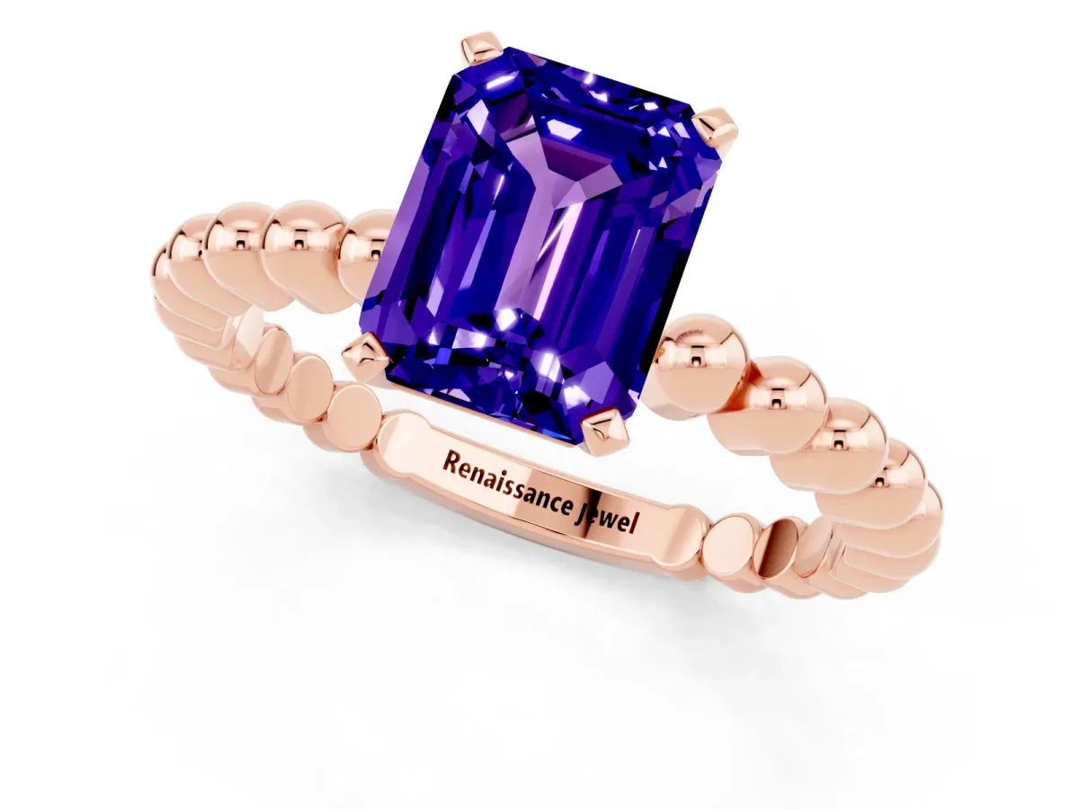 Emerald Cut Tanzanite Solitaire Ring with Beaded Band and Prong Setting Rose gold