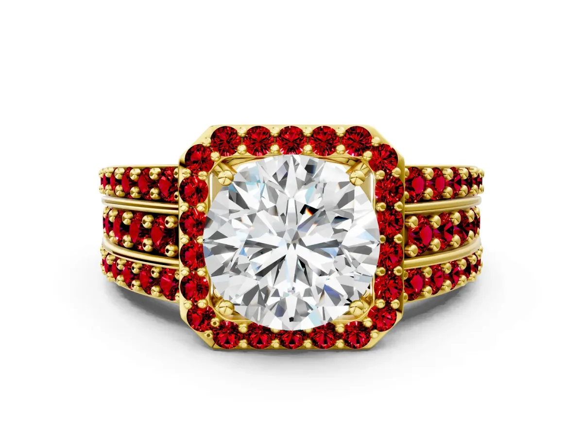 Round Cut Halo Diamond Ring with Round Ruby Split Shank and Prong Setting Yellow gold