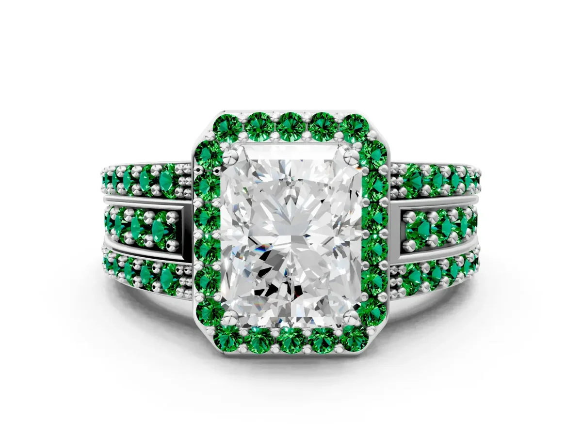 Radiant Cut Halo Diamond Ring with Round Emerald Split Shank and Prong Setting Silver