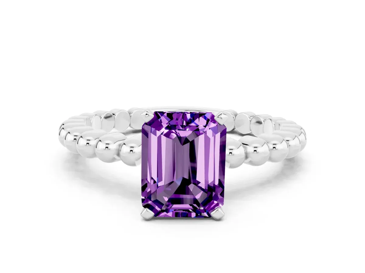 Emerald Cut Amethyst Solitaire Ring with Beaded Band and Prong Setting Platinum