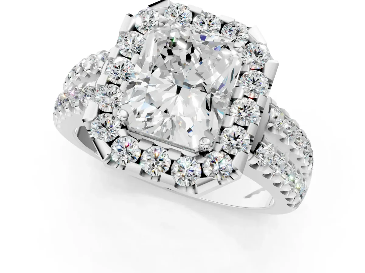 Radiant Cut Halo Diamond Split Shank Engagement Ring with Prong Setting Platinum