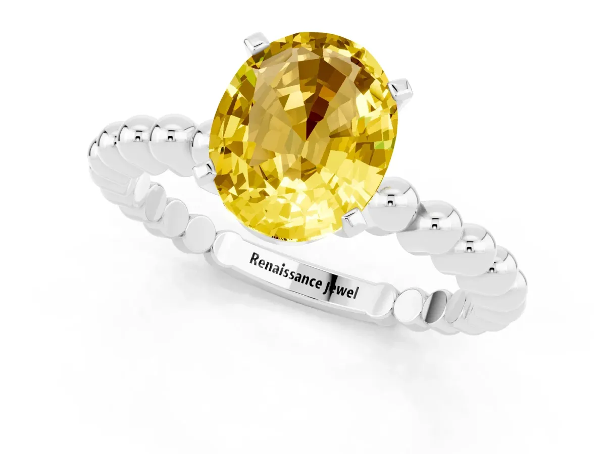 Oval Cut Yellow Sapphire Solitaire Ring with Beaded Band and Prong Setting Platinum