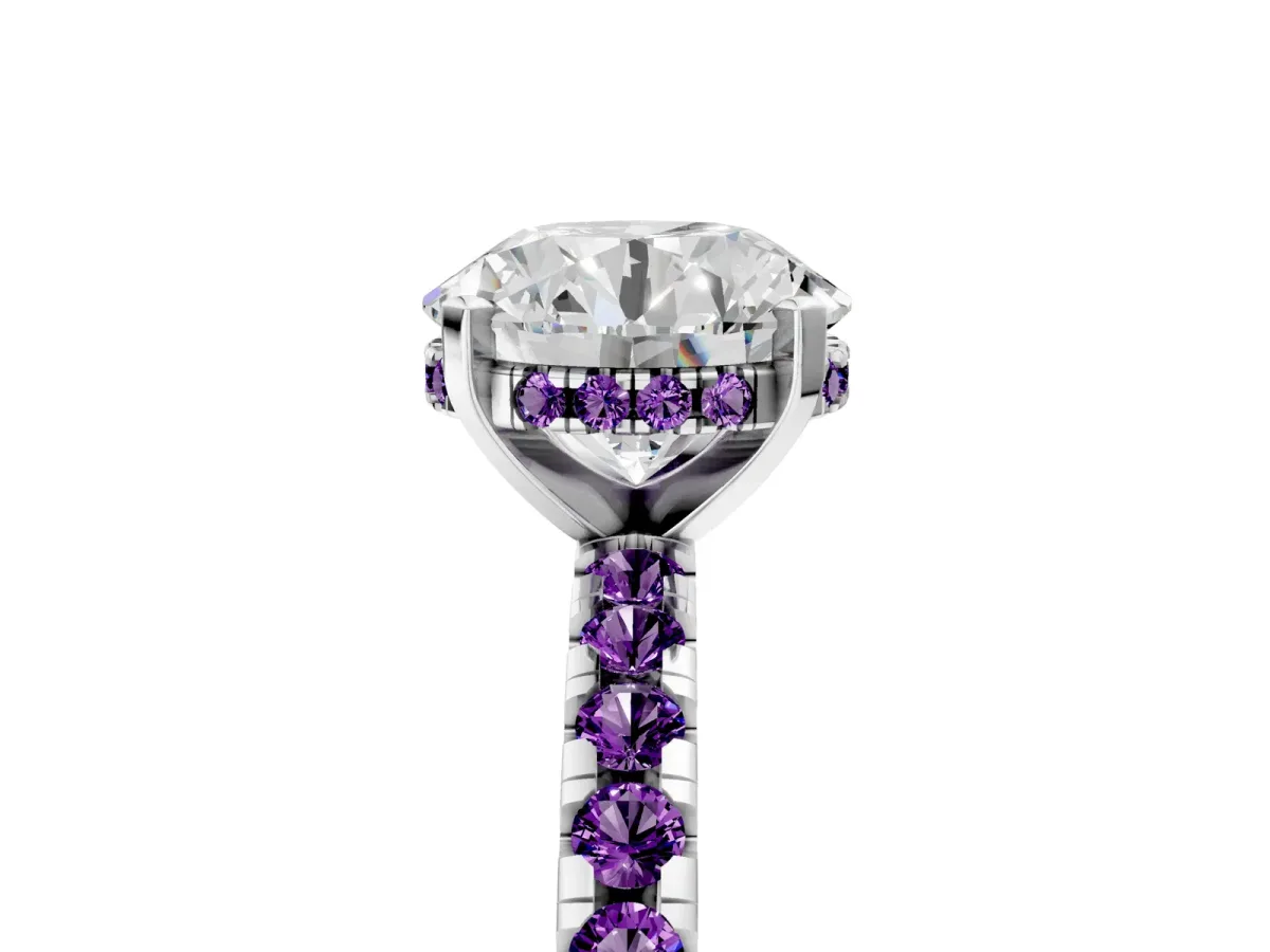 Round Cut Diamond Solitaire Ring with Round Amethyst Pavé Band and Four-Prong Setting Silver