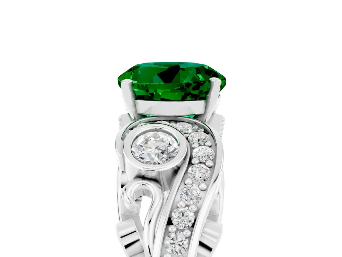Round Cut Emerald Solitaire Ring with Milgrain Pavé Band and Four-Prong Setting Silver