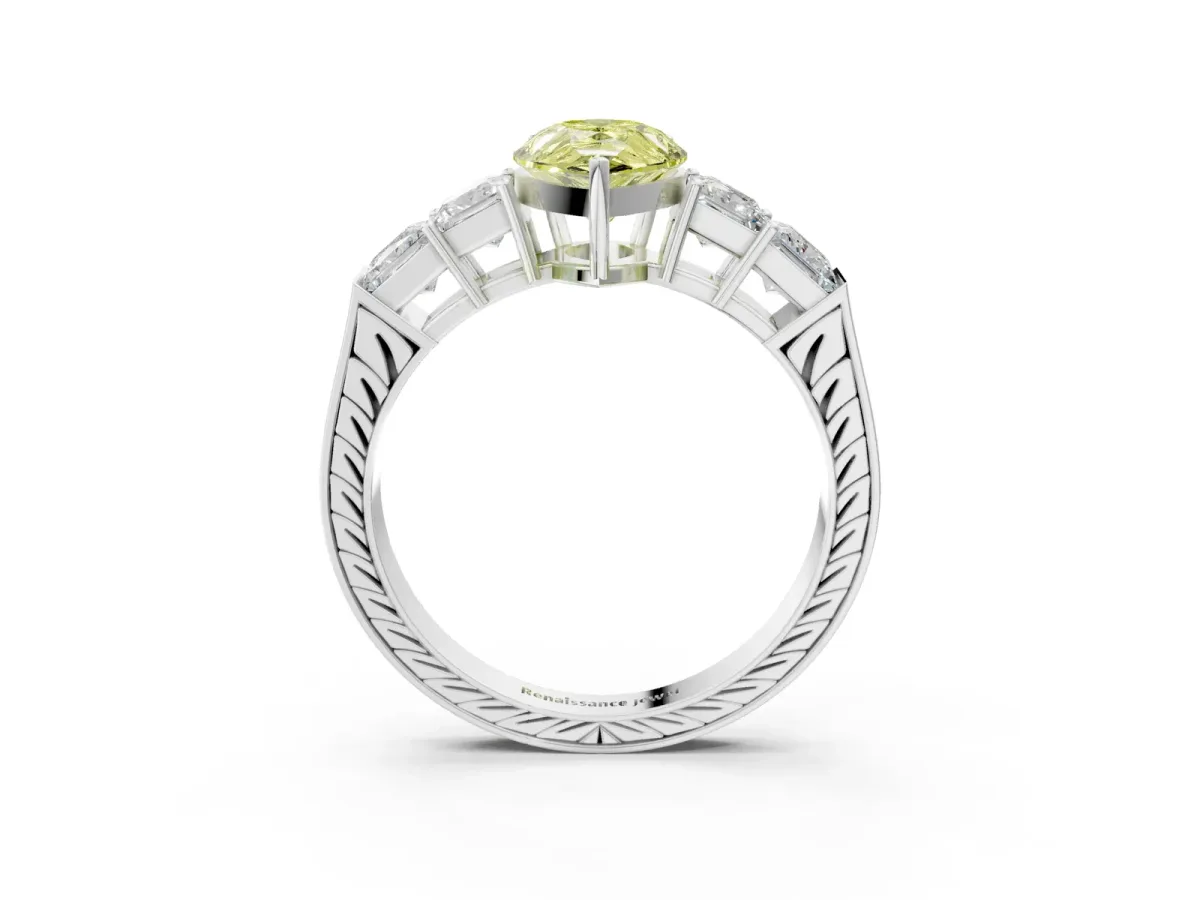 Fancy Yellow Pear Cut Solitaire Princess Side Stone Engraved Band Prong Setting Ring Silver