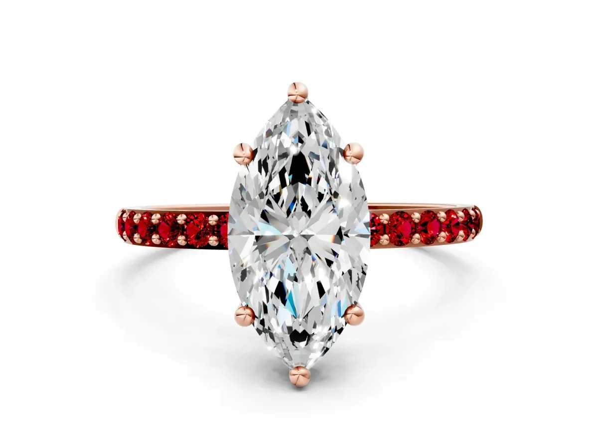 Marquise Cut Diamond Solitaire Ring with Round Ruby Pavé Band and Prong Setting Rose gold