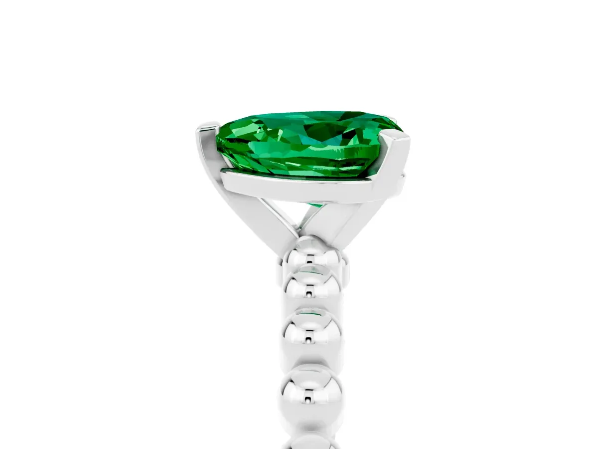 Heart Cut Emerald Solitaire Ring with Beaded Band and Prong Setting White gold