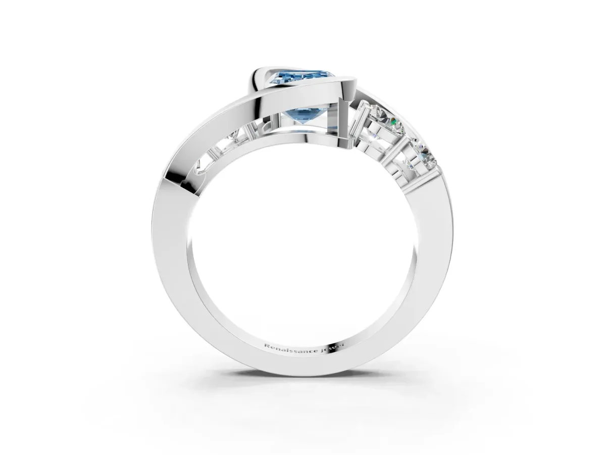 Fancy Blue Bezel Set Emerald Cut Diamond Bypass Ring with Round Accents Silver