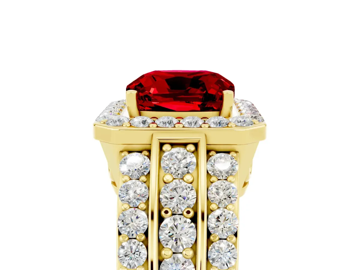Cushion Cut Halo Ruby Ring with Round Split Shank and Prong Setting Yellow gold