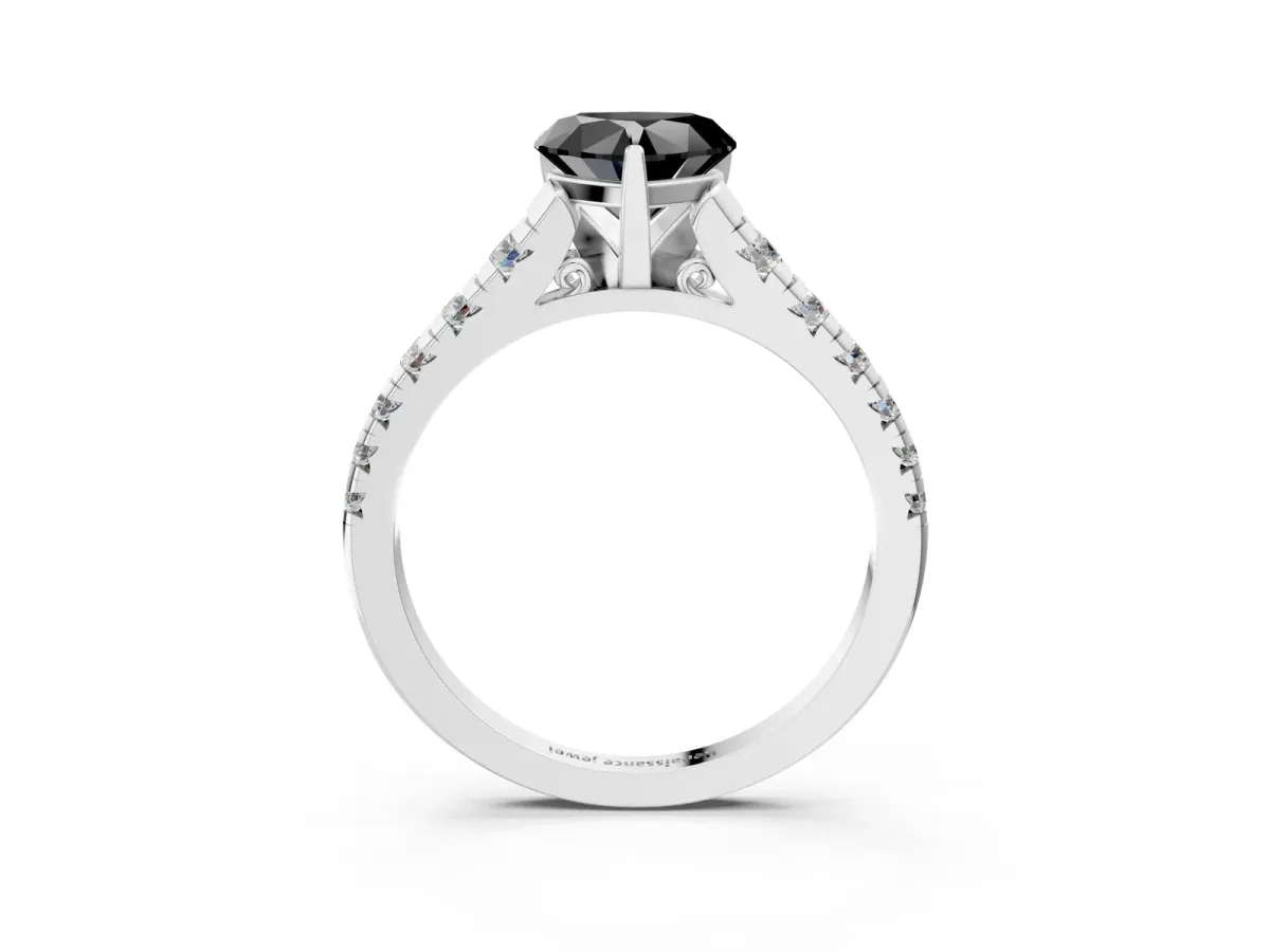 Fancy Black Heart Cut Diamond Cathedral Solitaire Ring with Round Pavé Band Silver