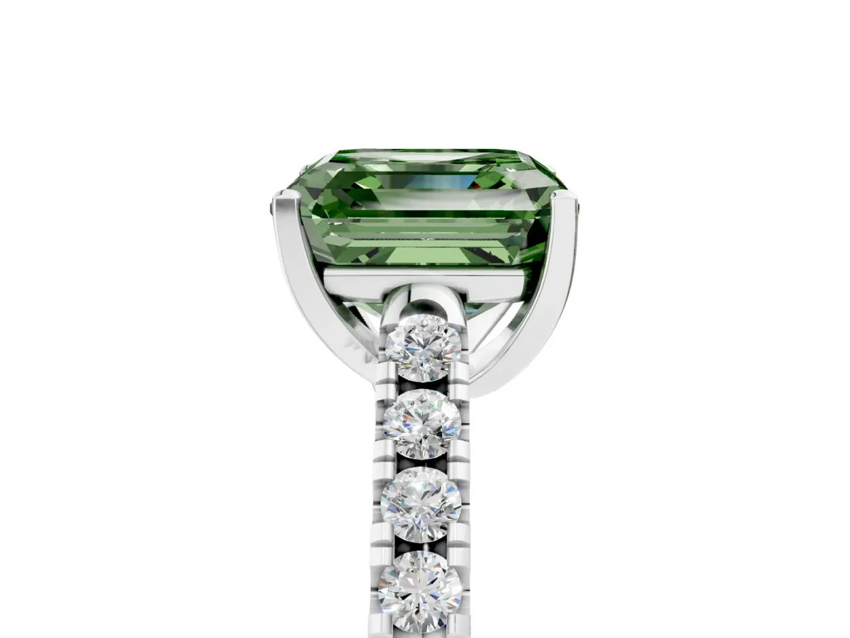 Fancy Green Asscher Cut Diamond Pavé Band Solitaire Ring with Prong Setting Platinum