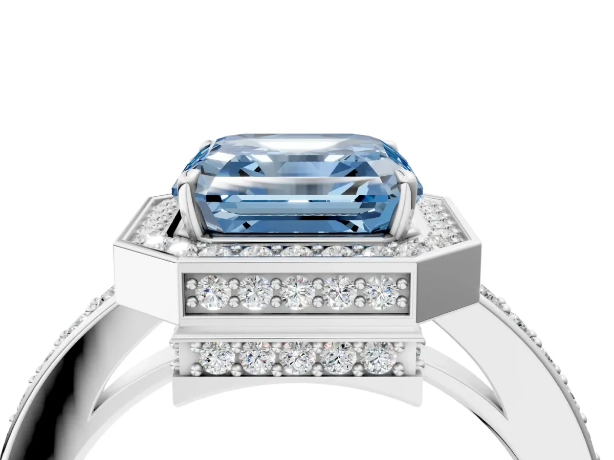 Fancy Blue Asscher Cut Halo Pave Band Solitaire Ring with Prong Setting Platinum