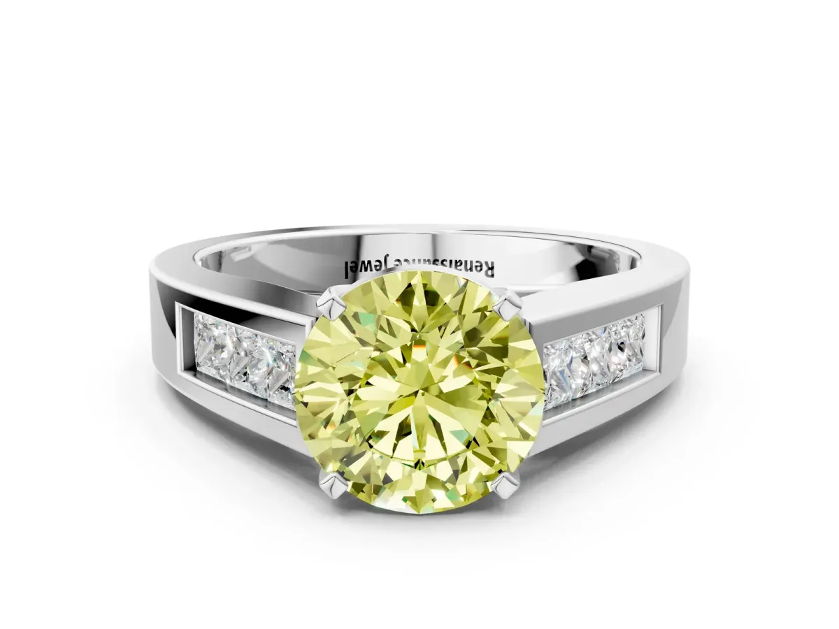 Fancy Yellow Round Cut Cut Channel Set Solitaire Ring with Four-Prong Setting Silver