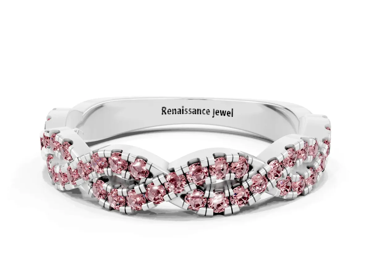 Round Morganite Twisted Eternity Band with Pavé and Shared Prong Setting White gold