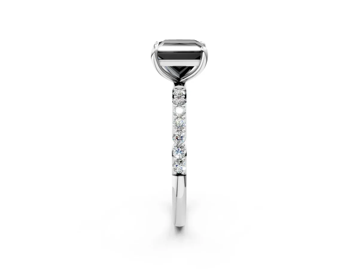 Fancy Black Princess Cut Diamond Solitaire Ring with Round Pavé Band and Prong Setting Silver