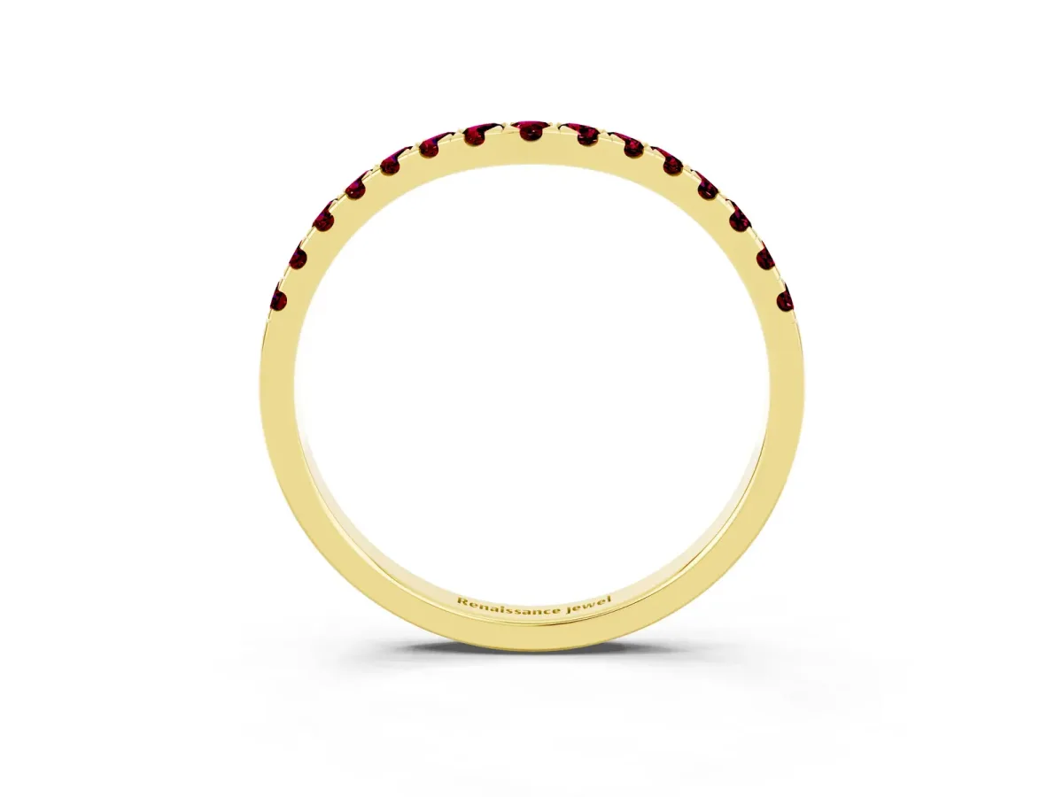 Curved Pavé Round Garnet Wedding Band with Shared Prong Setting Yellow gold