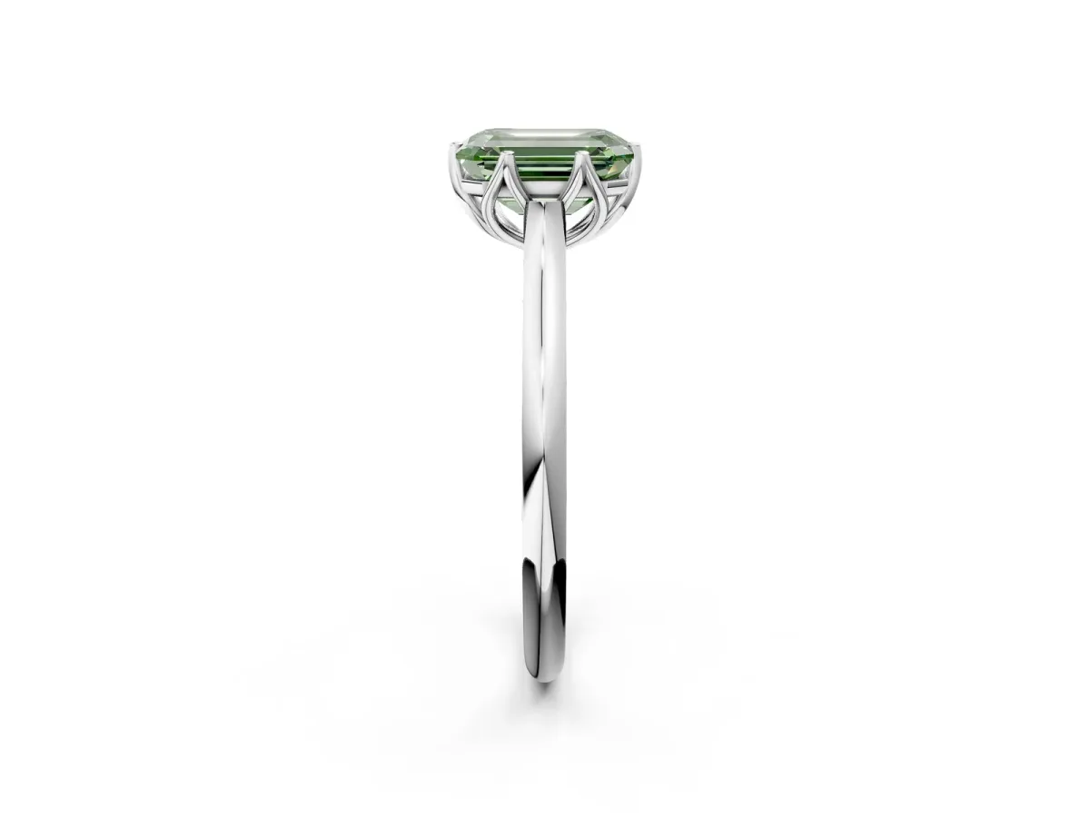 Fancy Green Emerald Cut Solitaire Cathedral Diamond Ring with Six-Prong Setting Silver