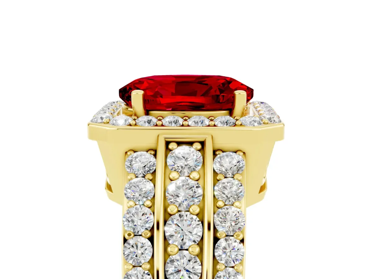 Oval Cut Halo Ruby Ring with Round Split Shank and Prong Setting Yellow gold