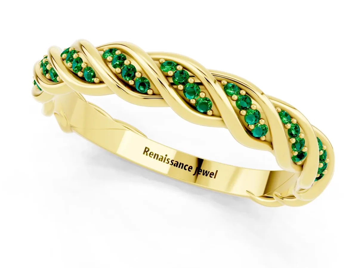 Twisted Pavé Round Emerald Eternity Band with Shared Prong Setting Yellow gold