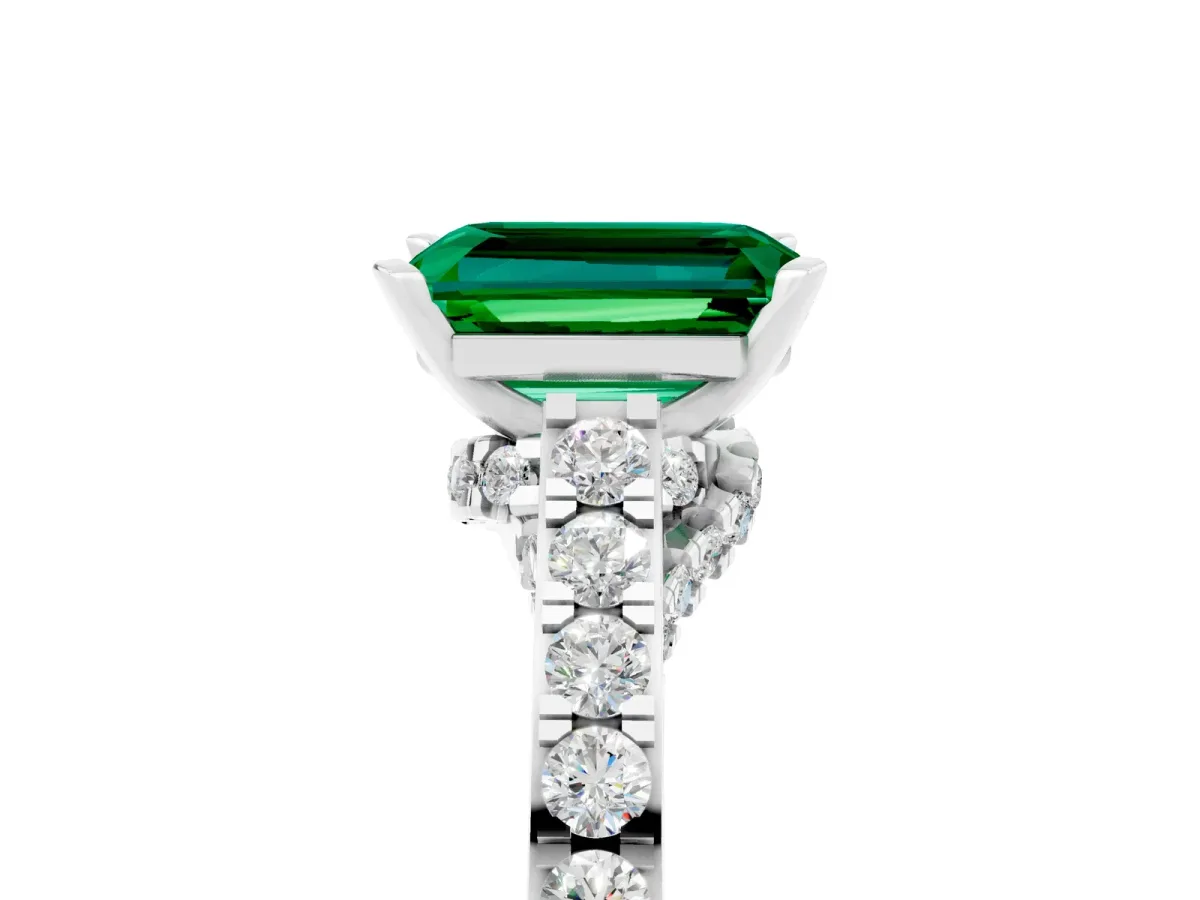 Emerald Cut Emerald Solitaire Ring with Crossover Gallery and Round Pavé Band Silver
