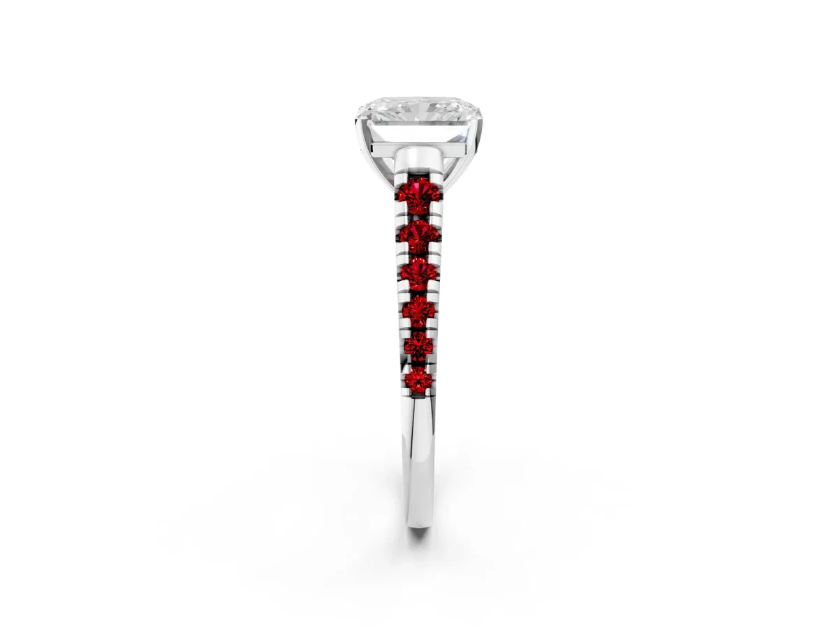 Radiant Cut Diamond Cathedral Solitaire Ring with Round Ruby Pavé Band White gold