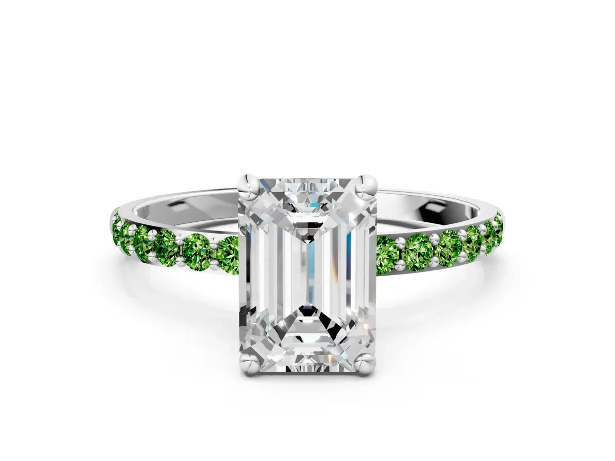 Emerald Cut Diamond Solitaire Ring with Round Peridot Pavé Band and Prong Setting Silver