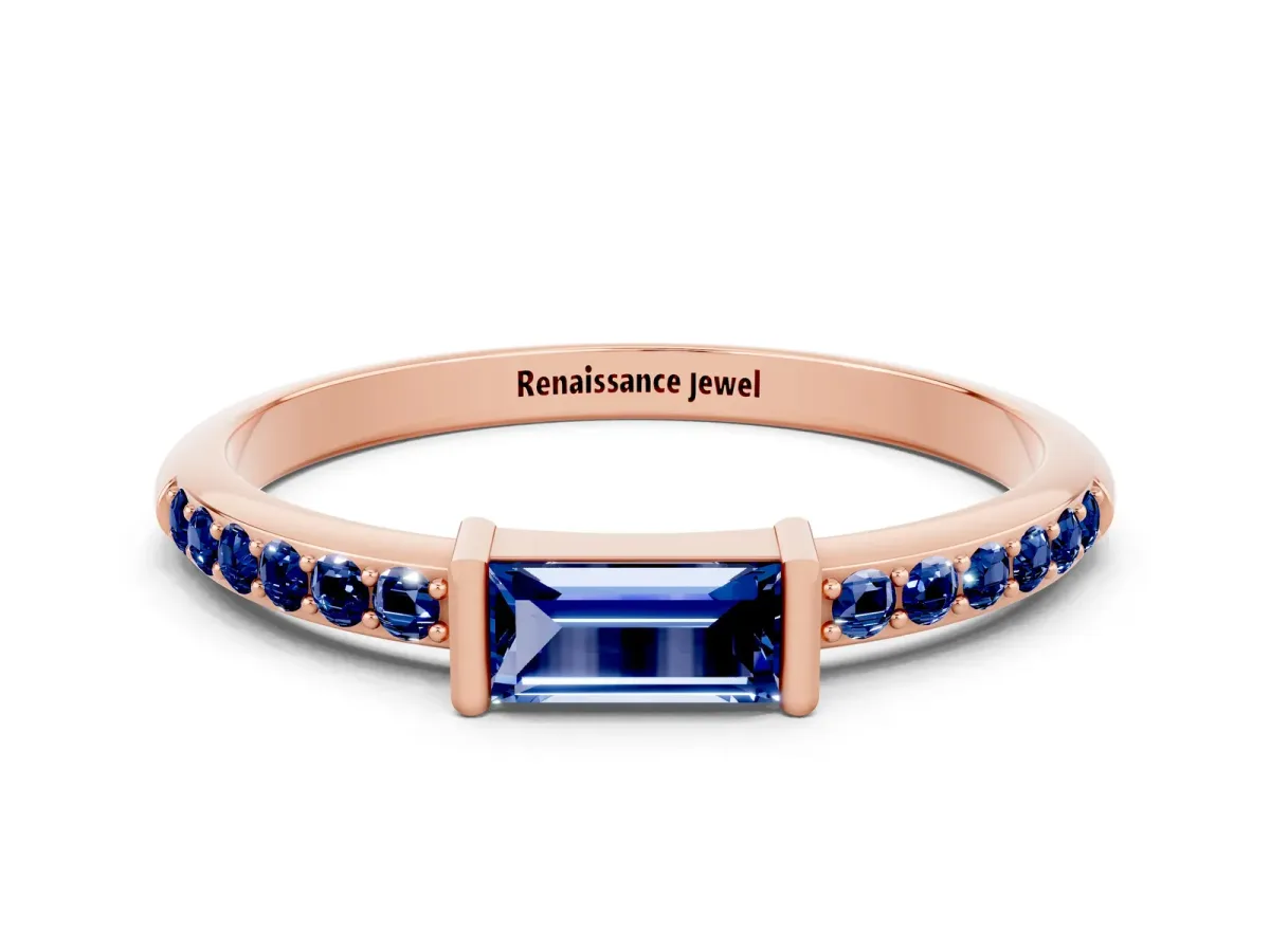 Baguette Blue Sapphire Pavé Band with Bar Setting Rose gold