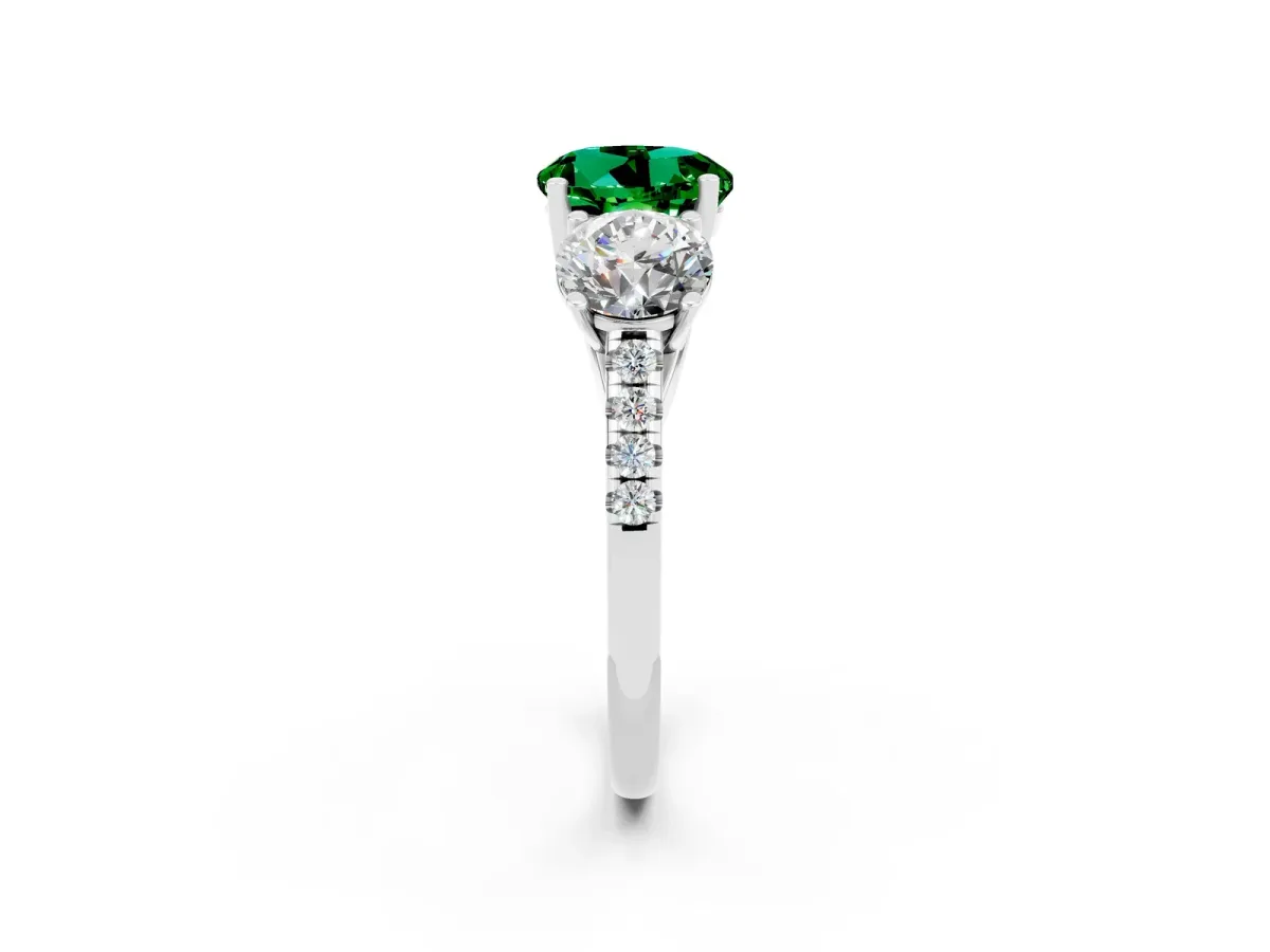Three-Stone Round Cut Emerald Ring with Round Pavé Band and Prong Setting Silver