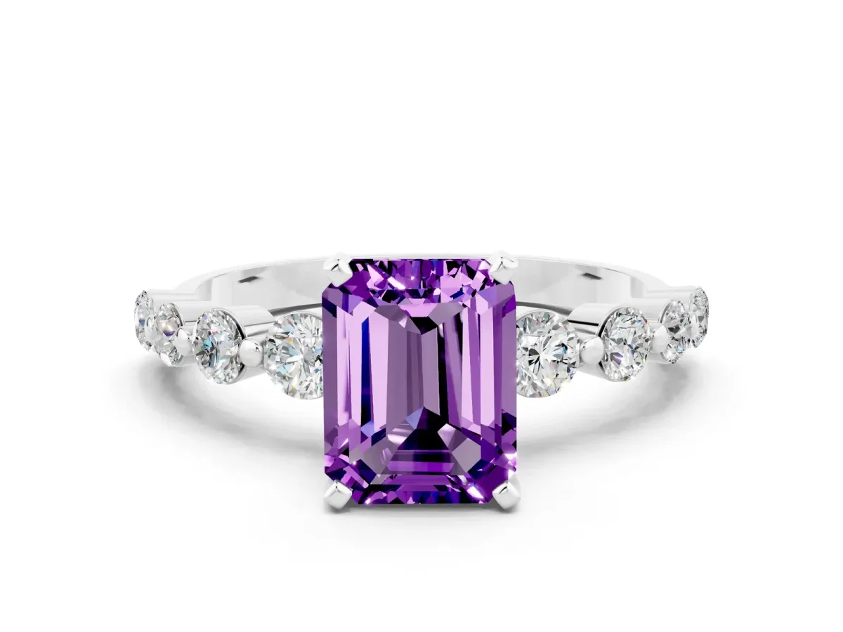 Emerald Cut Solitaire Amethyst Ring with Pave Band and Four-Prong Setting Platinum