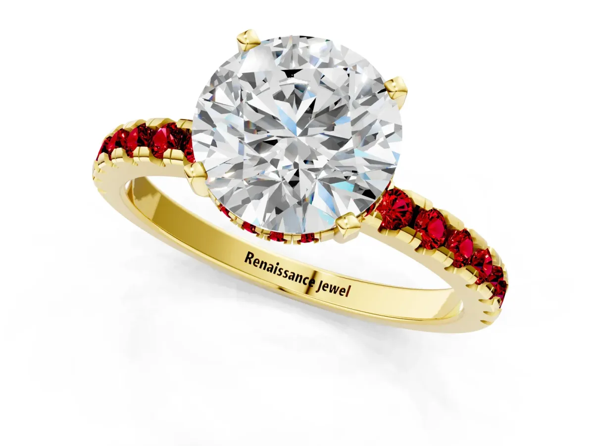 Round Cut Diamond Solitaire Ring with Round Ruby Pavé Band and Four-Prong Setting Yellow gold
