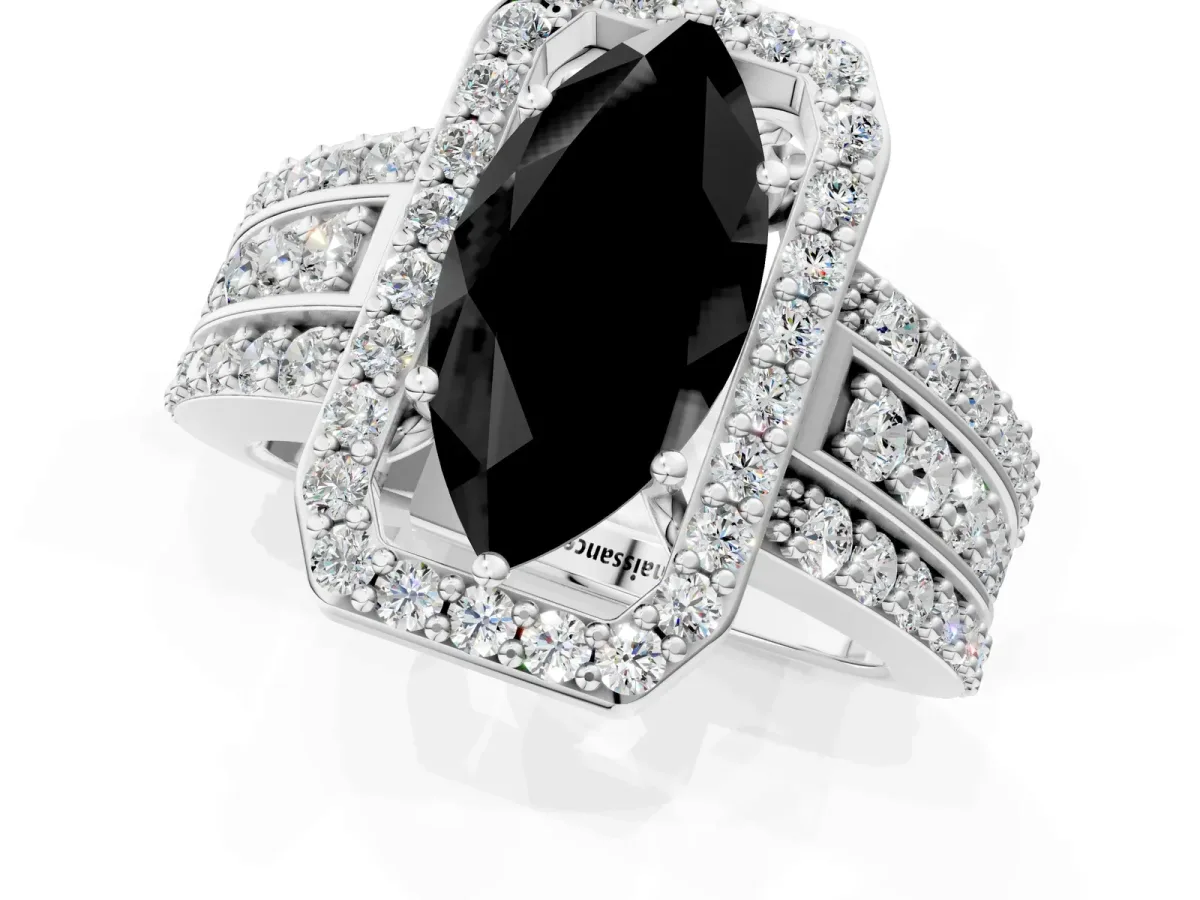 Fancy Black Marquise Cut Halo Diamond Ring with Round Split Shank and Prong Setting Silver
